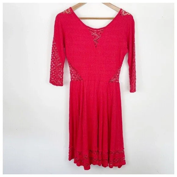 Free People To The Point Dress with Lace Cut Outs size Small Eyelet Long Sleeve - Picture 2 of 8